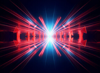 Poster - A bright blue light explodes outwards, casting red rays against a dark backdrop. Arrow-like shapes are positioned on each side, pointing towards the central glow, creating a sense of converging energy