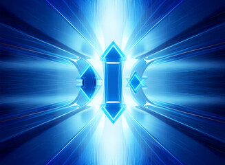 Poster - Abstract blue image features a central glowing geometric shape with arrows pointing up and down, radiating light beams. Futuristic and dynamic design.