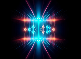 Poster - Abstract symmetrical design featuring neon blue and orange arrows with radiating light on a dark background. Geometric shapes create a vibrant, futuristic visual.