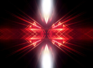 Poster - Abstract red and white light beams form a symmetrical, futuristic design on a dark backdrop. Geometric shapes and lines create depth and energy.