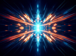 Fototapete - Abstract symmetrical design featuring vibrant blue and orange light rays emanating from a bright center. Energetic and futuristic, creating a sense of motion.