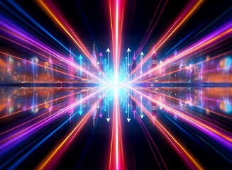 Fototapete - Vibrant rays of red, blue, and purple emanate from a bright central light source. Arrows point outwards, creating a dynamic and energetic visual against a dark backdrop.