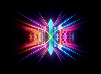 Poster - Abstract glowing light streaks form symmetrical, vibrant shapes against a dark backdrop.  Arrows point inwards and outwards, creating a dynamic, energetic digital design.