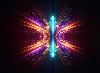 Poster - Abstract design featuring vibrant neon lights forming arrow shapes that converge towards the center on a dark background, creating a dynamic and futuristic visual effect.
