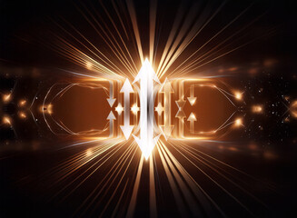 Poster - Abstract digital artwork featuring a central bright light source with arrows pointing upwards and downwards, surrounded by radiating golden rays on a dark backdrop.  The image evokes energy and motion