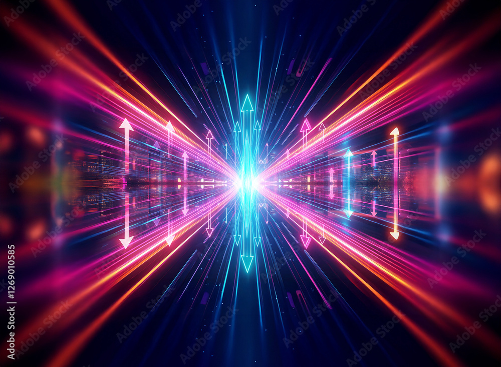 Abstract futuristic tunnel with vibrant blue and red lights and arrows converging towards a bright central point, creating a dynamic perspective.
