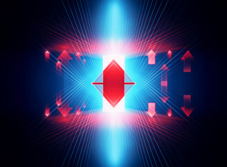 Poster - Abstract image with a central red down arrow, vibrant light rays, and smaller red arrows on a blue and black backdrop.