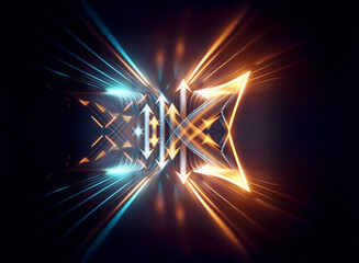Poster - Abstract glowing shape with blue and orange lines radiate from center, forming a futuristic tunnel or portal with directional arrows on dark background.