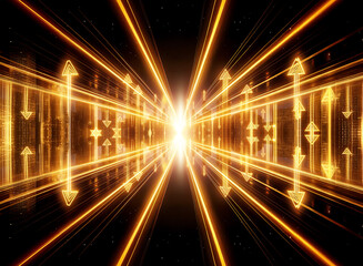 Fototapete - Bright streaks of golden light converge in a tunnel-like perspective, illuminated with arrows pointing forward, creating a sense of motion towards a bright center.