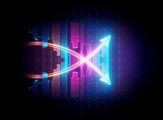 Poster - Abstract glowing neon arrows in blue and pink hues pointing towards each other, set against a dark backdrop with grid pattern.