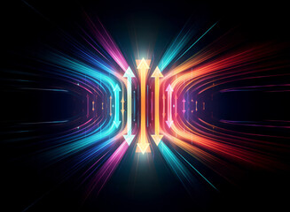 Poster - Vibrant light streaks converge towards the center with arrow shapes.  Illuminated trails in blue and orange hues create a dynamic, futuristic abstract design against a dark backdrop.