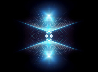 Poster - Symmetrical blue light design on dark backdrop. Radiant beams emanate from a central geometric shape, creating a bright, futuristic and energetic visual effect.