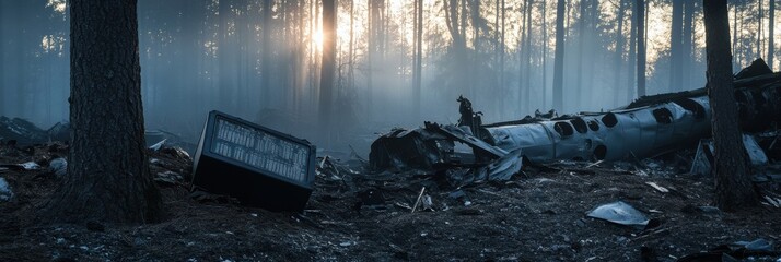 Aufkleber - Black box recorder found among scattered airplane parts in a forest at sunset. Generative AI