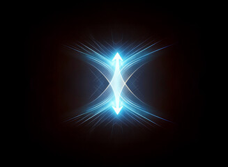 Poster - Abstract glowing blue light form, with arrow points facing inward, radiates bright beams on a dark backdrop. Luminous and dynamic.