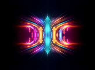 Leinwandbilder - Vibrant abstract design featuring symmetrical glowing lines and arrows on a dark backdrop.  Dynamic and energetic, with a futuristic and modern aesthetic. Colorful and eye-catching composition.