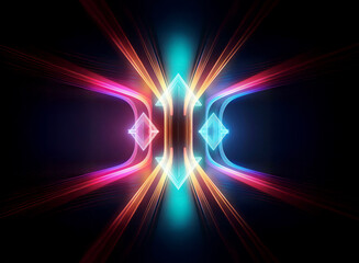 Poster - Vibrant neon lights form abstract geometric shapes, creating a symmetrical and futuristic design against a dark backdrop. The glowing elements radiate energy.
