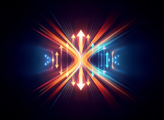 Fototapete - Vibrant symmetrical abstract shape with glowing arrows and lines in orange, red, and blue hues. Energetic, dynamic, and centered design against a dark backdrop.