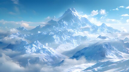 Wall Mural - Snowy mountain peak aerial view, cloudscape