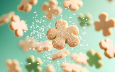 Wall Mural - Shamrock-shaped cookies flying with sugar sprinkles on pastel background