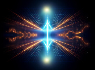 Fototapete - Symmetrical abstract design featuring bright blue and orange glowing lights emanating from the center against a dark background, creating a digital and futuristic visual.