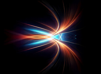 Poster - Abstract image features converging, curved light streaks in vibrant blue and orange against a stark black backdrop, creating a dynamic and energetic visual.