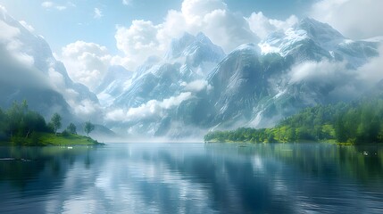 Wall Mural - Serene mountain lake, misty peaks, calm water, travel poster