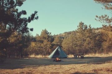 Poster - Campfire glowing near tent in scenic forest landscape during calm day. Generative AI