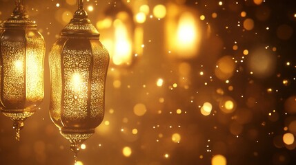 Wall Mural - A close-up of ornate lanterns glowing against a bokeh background, creating a warm ambiance.