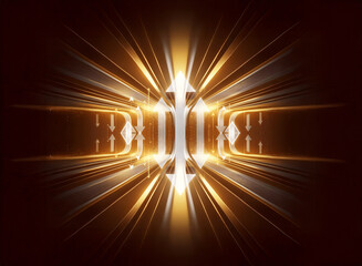 Poster - Bright light bursts from a symmetrical geometric center, radiating outwards with streaks of orange and white. Arrows indicate motion in and out, creating a dynamic, abstract, and futuristic design.