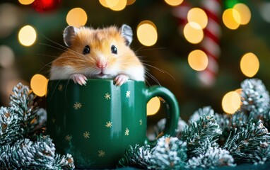 Wall Mural - Chubby hamster peeking out of a festive green mug