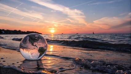 Sticker - Glass Earth in a Sunset Over the Ocean