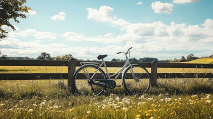 Poster - Bicycle resting against a wooden fence in a sunny meadow during a bright afternoon. Generative AI