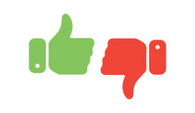 Like and dislike symbol set in green and red circle. Thumbs up and down flat icon set in white color. Rating and feedback Thumbs-Up and Thumbs-down icon set isolated on white background.