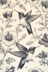 Wall Mural - Monochrome hummingbirds floral wallpaper design