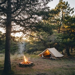 Poster - Cozy camping setup with a fire in a serene forest during sunset overlooking nature trails. Generative AI