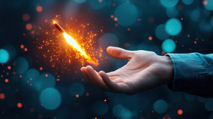 Poster - hand releasing glowing rocket with sparks in magical atmosphere