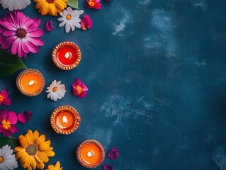 Wall Mural - Festive Diwali candles, flowers, blue background