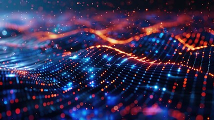 Fototapete - Abstract picture micro light sparkling particle represent data flow vivid flowing wave with high tech background, create digital effect scene perfect for energetic and fantasy wallpaper design. AIG53.