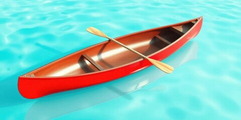 Sticker - Delicate red canoe floats on a serene bright blue background with soft pastel hues and delicate paddles, gentle, bright blue, water