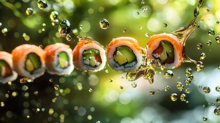 Wall Mural - National Geographic Suspended sushi rolls with soy sauce splashes, fresh avocado, bright backdrop.