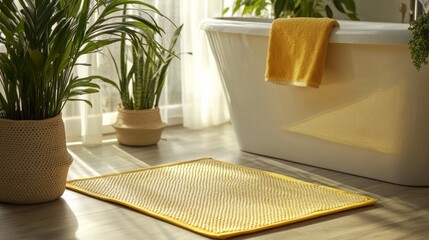 Poster - Sunlight filters softly through sheer curtains, illuminating a stylish bathroom with a spacious bathtub