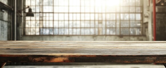 Poster - A rustic wooden table rests in an industrial space filled with natural light. The large windows enhance the warmth, creating an inviting atmosphere.