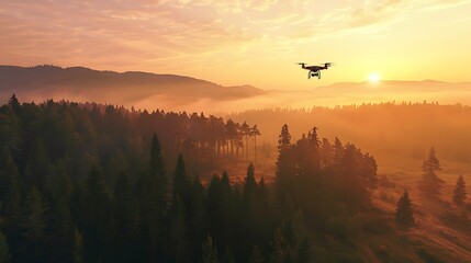 Wall Mural - a scenic drone flying above a forested valley at sunset.