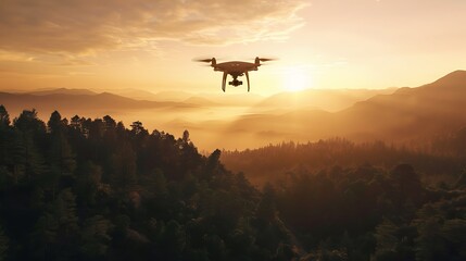 Wall Mural - a scenic drone flying above a forested valley at sunset.