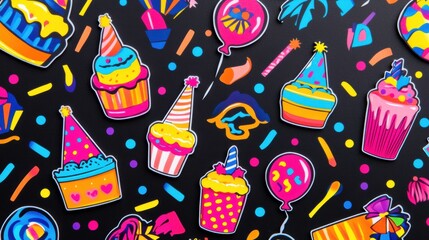 Poster - Festive party decorations featuring colorful balloons, cakes, hats, and confetti for a joyful celebration. Generative AI
