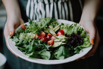 A person holds a white plate filled with a vibrant green salad. The salad contains various lettuces, cherry tomatoes, and cucumber slices. Person's hands and striped clothing are partially visible