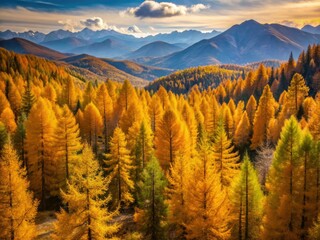 Wall Mural - A breathtaking panorama of golden larches in their autumn splendor.