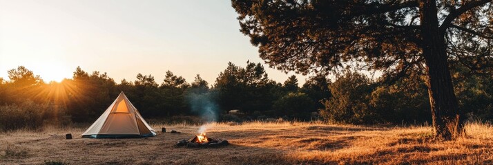 Poster - Sunset camping experience with a tent and campfire in a serene forest clearing. Generative AI