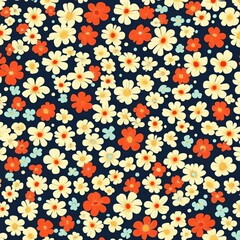 Wall Mural - A repeating pattern featuring stylized flowers in cream, orange, and light blue on a dark blue background. The flowers are densely packed, creating a busy, floral textile design