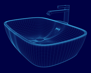 Poster - A blue 3D rendering of a sink with a faucet. The sink is square in shape and has a modern design